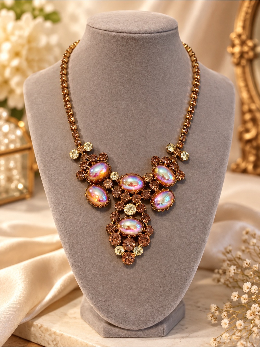 Rare Vintage AB Art Glass Cabochon Crystal Statement Bib Necklace